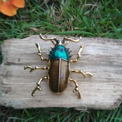 Broche scarabée en émail sur bois