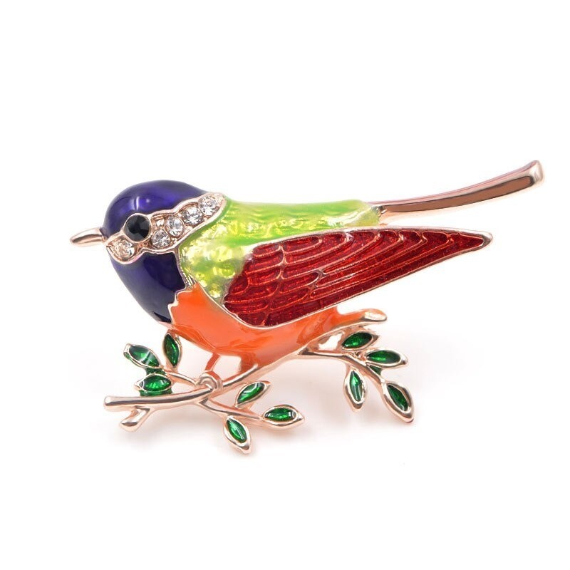 Broche moineau en strass et émail bleu, vert et orange