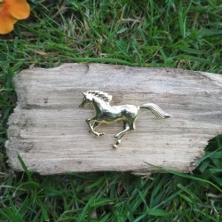 Broche cheval en métal couleur Or sur bois