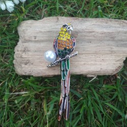 Broche perroquet en émail jaune et vert sur bois