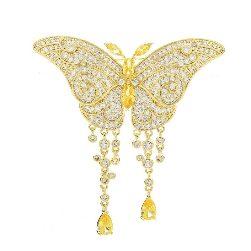 Broche papillon de luxe en zircon et OR plaqué