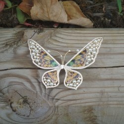 Broche papillon de luxe en gros plan sur du bois